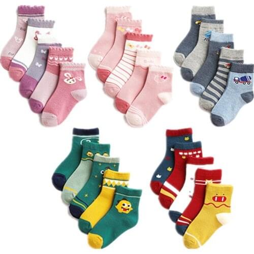 5 Pairs/Lot Cartoon Mix Animals Print Kids Socks Autumn Winter Warm Socks Cute Cotton Boys Girls Sock 1-12T