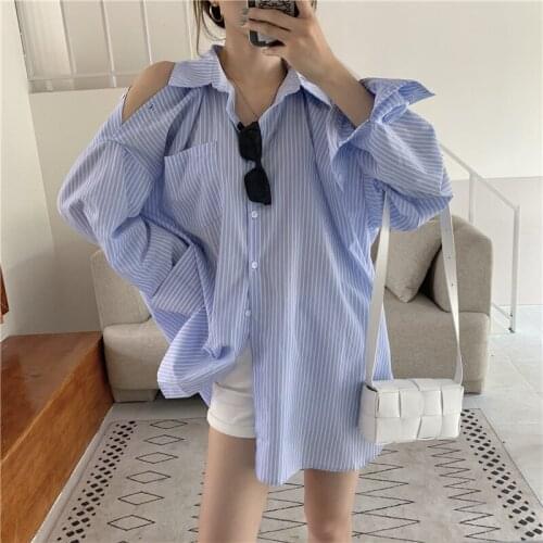 Women Summer Blouse Shirts Elegant Turndown Collar Stripe Off Shoulder Office Ladies Blouses Loose Long Sleeve Casual Top Female
