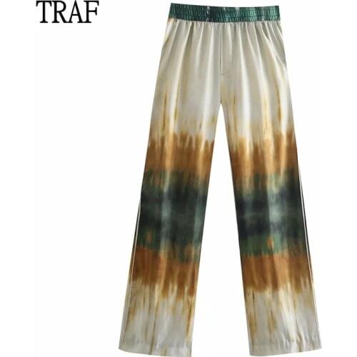 TRAF Womens Pants Za 2021 Summer Tie Dye Pants Female High Waist Wide Leg Women Clothing Straight Pants Chic Woman Trouser