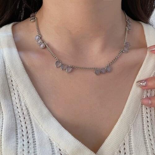 2021 New Kpop Trend Retro Love Heart Opal Silver Color Metal Clavicle Chain Necklace for Women girls Aesthetic Jewelry