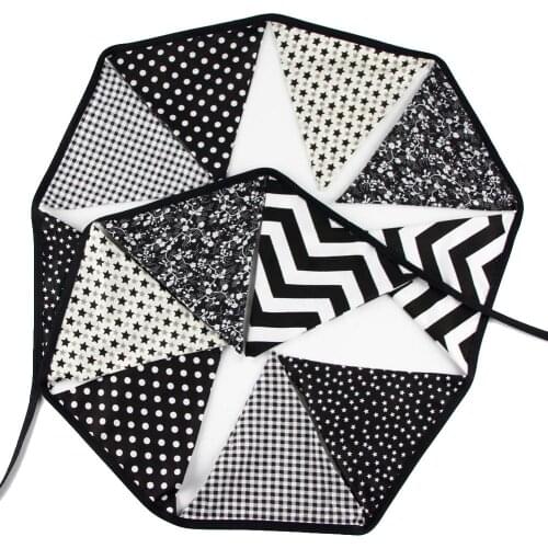 Black White Pennant Bunting Banner Cotton Flower Party Wedding Baby Shower Reusable Celebrate Decoration 12 Flags 3.2m
