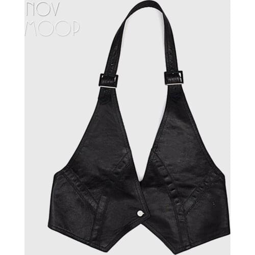 Black genuine leather vest metal decor real lambskin leather halter vest jackets women waistcoat chalecos mujer colete LT367