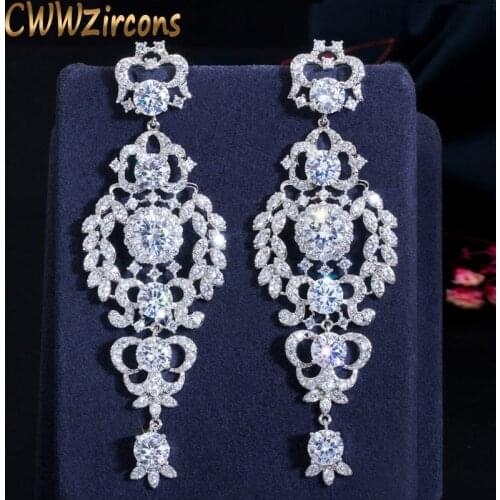 CWWZircons Luxury Cubic Zirconia Long Chandelier Drop Silver Wedding Earring for Women Bridal Party Costume Jewelry CZ651