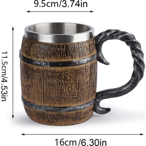Wooden Barrel Beer Cup 450ML Wood Style Beer Mug Christmas Gift Simulation Double Wall Drinking Mug Metal Insulated Drinking