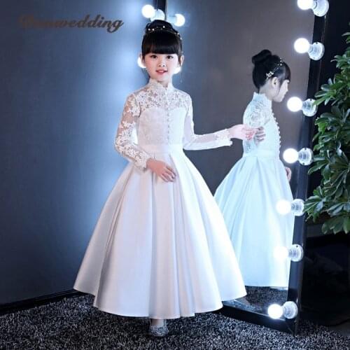 Elegant Kids Pageant Evining Dress Lace Applique Sashes Long Flowers Girl Dress For Wedding First Communion Dress For Girls