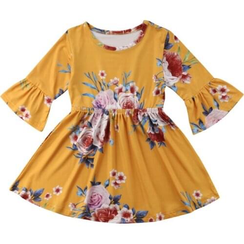 FOCUSNORM New Fashion Toddler Kids Baby Girls Dress Horn Sleeve Floral Party Dress Pageant Casual Clothes