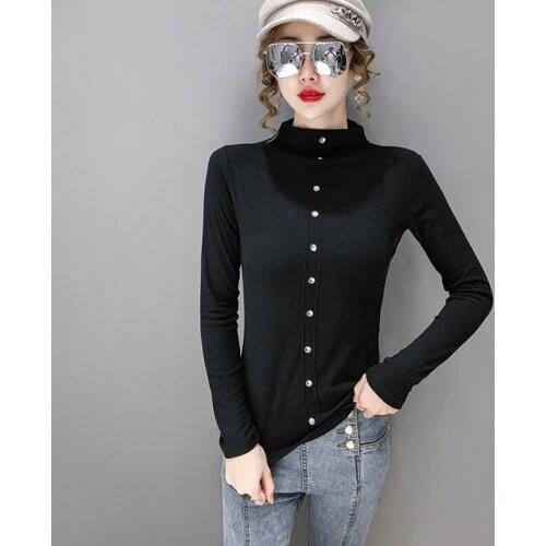 GGRIGHT 2020 Turtleneck Long Sleeve T Shirts Button Black Women Basic Casual Autumn Winter Party Clothes Knitted Top Shirts Sexy