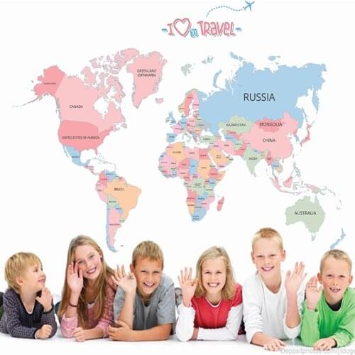 Colorful World Map Wall Stickers Kids Room Office Living Room Bedroom Decoration Vinyl Mural Decals Adesivo De Parede Posters