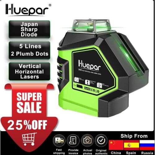 Huepar Green Beam Laser Level with 2 Plumb Dots Self-Leveling 360 3D Rotary Cross Line Vertical Horizontal 5 Line Measuring Tool