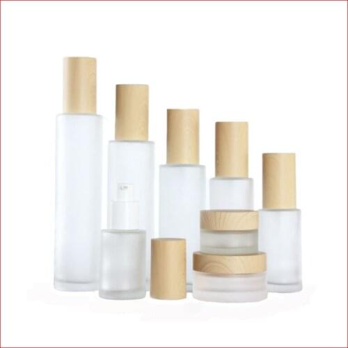 20/30/40/60/80/100/120ML frosted Empty glass bottle/jar lotion/mist spay pump Cosmetic Packing matt clean w wood grain cap