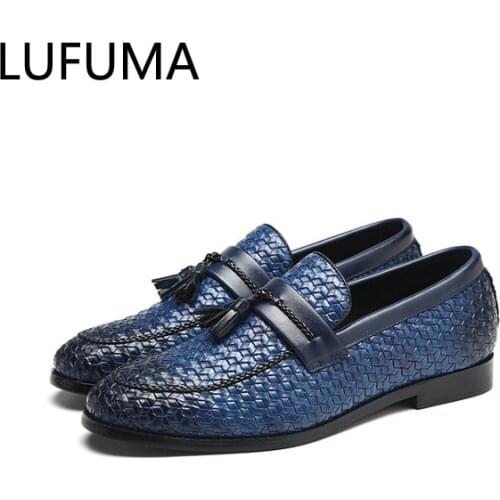 Fashion Weave Pattern Tassel Fringe Leather Shoes Slip On Casual Loafers Plus Size Round Toe Men Shoes Gift for Father