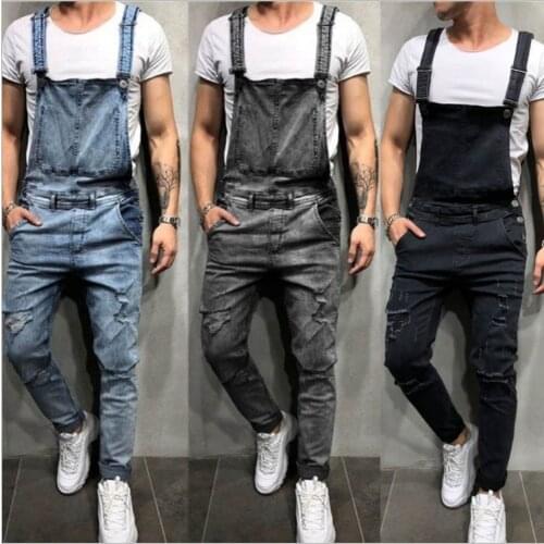Fashion Men Ripped Jean Jumpsuits High Street Denim Bib Overalls Casual Plus Size Dungarees Playsuit Moto Biker Suspender Loose