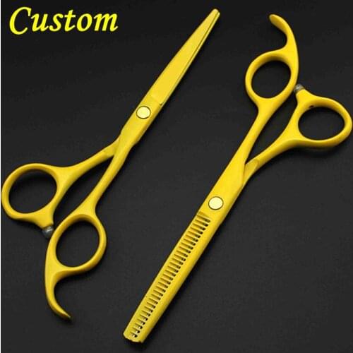 Custom professional 440c 5.5'' yellow hair scissors set cutting barber tools clipper thinning shears tools hairdressing scissors