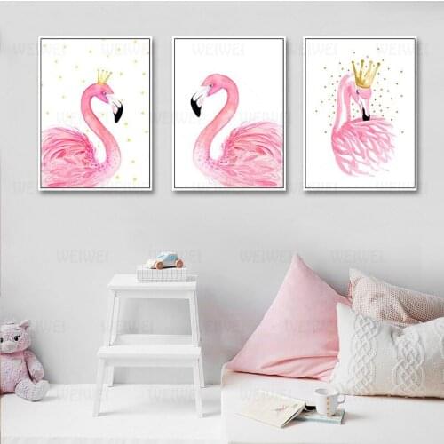 Watercolor Flamingo and Print Wall Art Painting Elegant Crown Canvas Poster Nordic Kids Decoration Pictures Baby Bedroom Decor