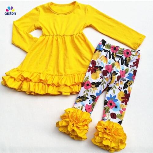 AICTON Wholesale Remake Children Clothing Sets Ruffle Pants Outfits Girls Boutique Clothing Set Yellow Solid Top Flower Pants