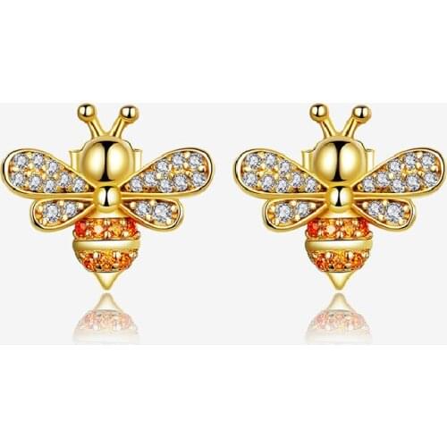 Aura Bee 925 Sterling Silver Stud Earrings with Real Gold Plated Zircon and European and American Fashion Hypoallergenic Women