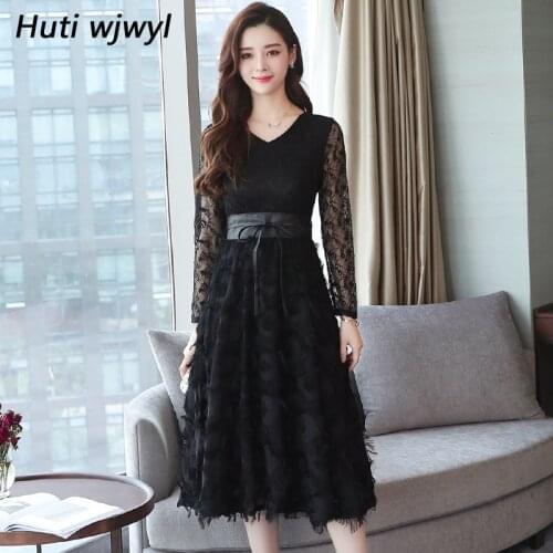 Autumn Winter Plus Size Vintage Lace Evening Midi Dresses Women 2021 Bodycon Elegant Black Sexy Dress Long Sleeve Party Vestidos