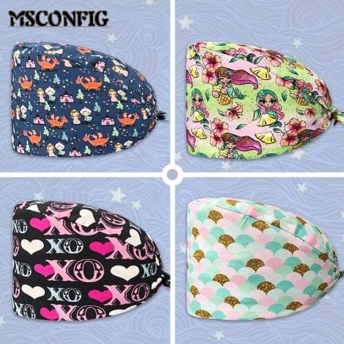 Unisex Womens Scrub Hat Adjustable Cotton Dentist Hat High Quality Adjustable Sweat Absorbent Elastic Cotton Cute Scrub Cap