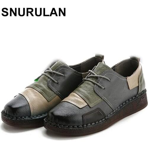 SNURULAN winter womens shoes leather flat shoes plus velvet lace-up work shoes autumn casual comfortable plus size shoes