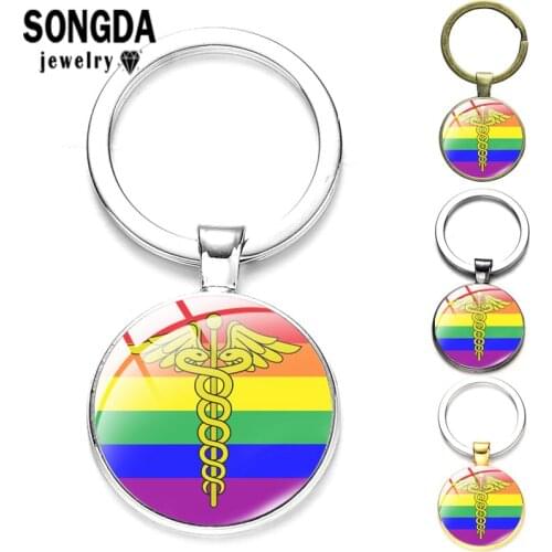 SONGDA Rainbow Pride Flag Keychain Lgbt Gay Pride Flags Pattern Key Chain Glass Cabochon Four Color Metal Key Ring Jewelry Gifts