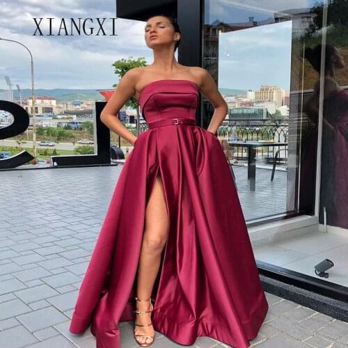 2020 Dark Red Evening Dresses Long Satin A-Line Strapless Split Floor Length Evening Dress Formal Party Gowns Prom Dress