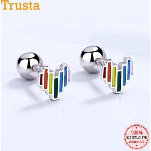 Trustdavis Real 925 Sterling Silver Sweet Romantic Colour Heart Beads Screw Stud Earrings For Women Wedding Fine Jewelry DA2257