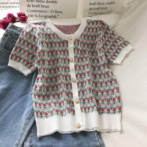 Elegant Korean Style Shirt Womens Summer 2021 Fashion Vintage Short Sleeve Knitted Cardigan Chic Single Breasted Crop Tops