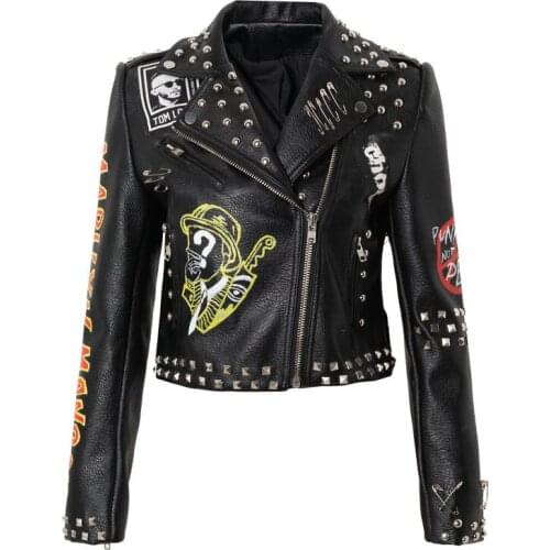 Women Rivet Punk Rock Rivet Leather Jackets With Pin Faux Leather Biker Jackets For Women Motorcycle Clothing