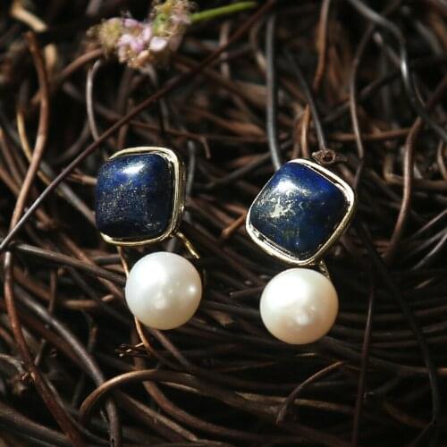 Exclusive Handmade Gold Color Dangle Earring for Woman with Square Lapis Lazuli and Fresh Water Pearls Mothers Jewelry