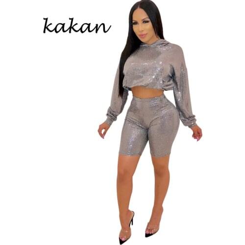 Kakan spring new womens bodysuit two-piece set of shiny long-sleeved hooded sweater tight jumpsuit suit