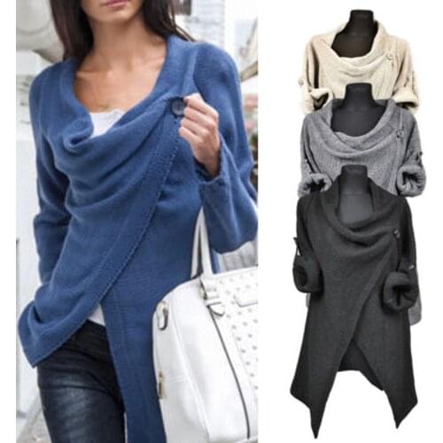 Women Button Cowl Neck Sweater Solid Color Long Sleeve Wrap Front Split Cardigan Tunic Tops Casual Loose Poncho Jumper