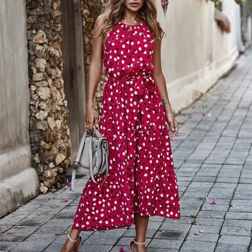 Ladies Elegant Summer Polka Dot Holiday Style Sling Flower Big Swing Dress Long Skirt