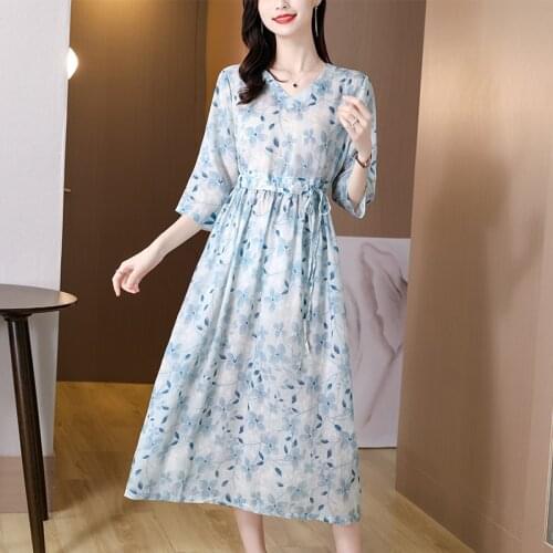 Spring Floral Elegant Cotton Linen Beach Midi Dress Autumn Vintage Print 3XL Casual Dresses Women Bodycon Party Runway Vestidos