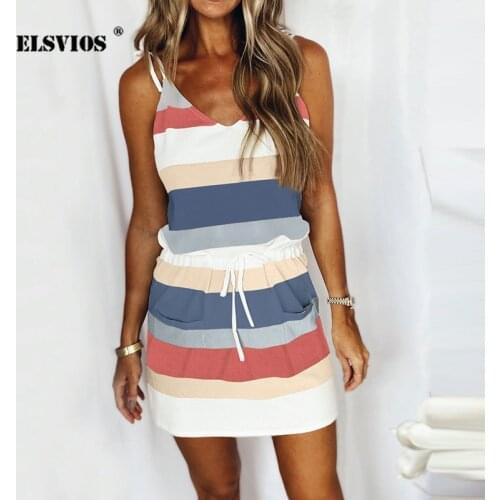 Drawstring Pocket Summer Sexy Sling Dress Women Fashion Trend Stripe Print Short Sleeve Elegant Colorful Loose Beach Short Dress