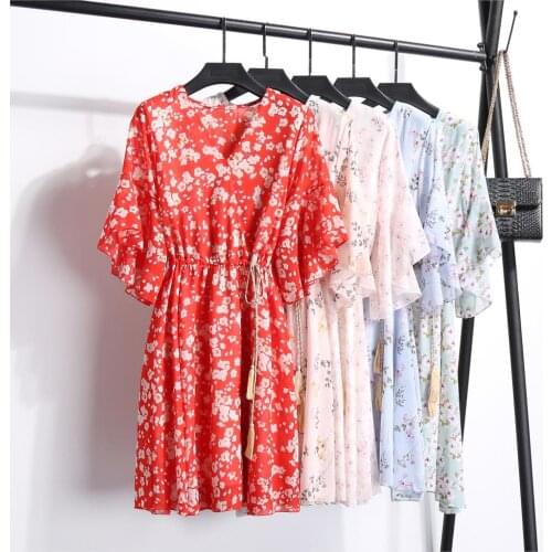 WWENN Women Casual Summer Dress Lady Korean Style Sweet Floral Printed Chiffon Shirt Dress Half Sleeve Mini V-neck Summer Dress