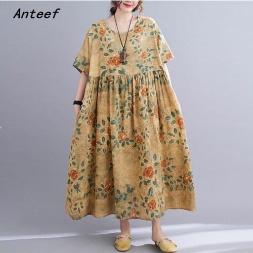 Short sleeve cotton vintage floral dresses for women casual loose long woman summer dress elegant clothes 2021