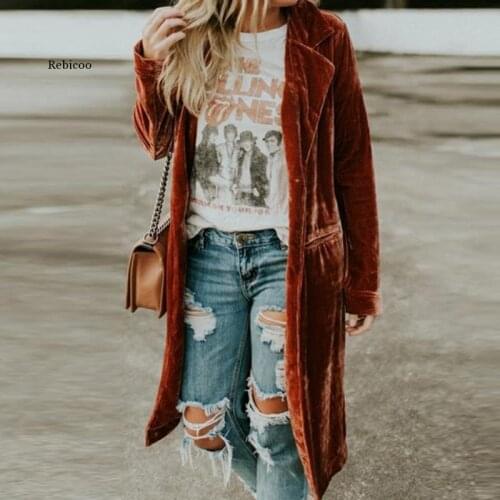 Winter Single Button Long Cardigan Jacket Tops Women Autumn Pocket Velvet Trench Coat Retro Long Sleeve Turn-down Collar Outwear