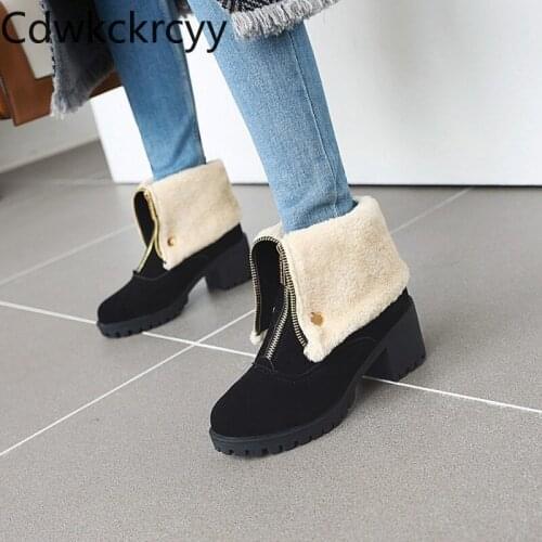 Winter The New fashion Round head Thick heel Martin boots black Suede Plus velvet Keep warm High heel Women boots size 34-43