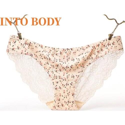 INTO BODY 2pcs/Of Woman Sexy Lace Panties Underwear Ice Silk Thong Seamless Pants See-through Panties Underwear Girls Underwear