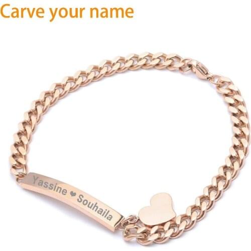 Personalized Heart Rose Gold Bracelet Bangle Women Girl Jewelr Gift Stainless Steel Bracelets Custom Engraved Logo Wristband