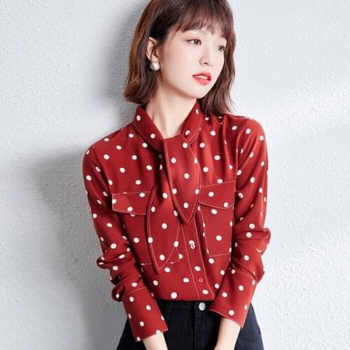 2021 New Elegant Women Polka Dot Blouses Formal Office Lady Bow Tie Long Sleeve Shirts Fashion Chiffon Tops