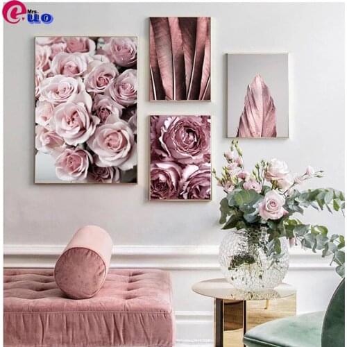 Diamond Painting Pink Rose Flower Feather Cross Stitch Kits Picture Of Rhinestones Diamond Embroidery Sale Flower Decor For Home