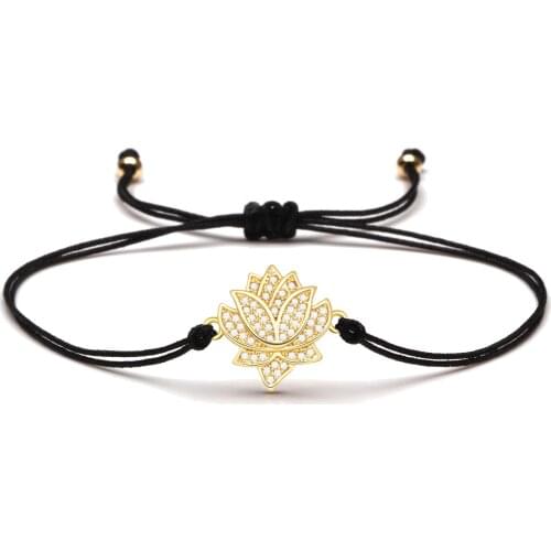 White Cubic Zirconia Stones Buddhist Lotus Luck Charm Bracelet For Women Gold-plated CZ Flower Red String Handmade Jewelry Gift