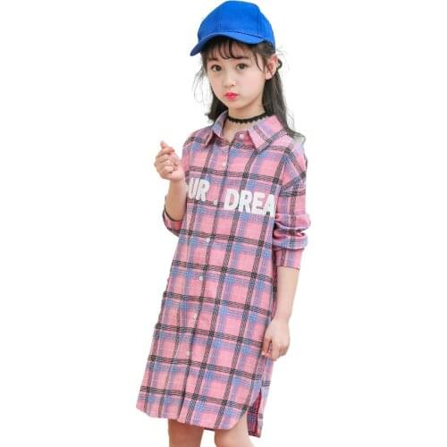 Girls Cotton Long Shirt Dress Autumn Winter College Style Kids 4 To 14 Clothes for Princess Casual Plaid Teenage Girls Shirt