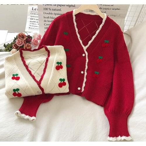 Embroidered Cardigans Knit Wear Sweet Puff Sleeve Short Mujer Chaqueta Autum Winter V Neck Cherry Sweaters Women