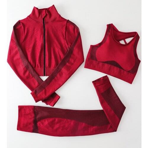 3-piece yoga suit womens workout clothes zipper long-sleeved sports bra yoga pants riding golf training sports suit women