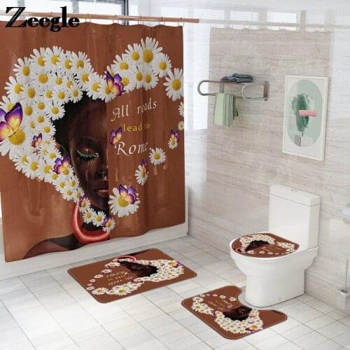 Print Bath Mat Flannel Shower Curtain Set Absorbent Toilet Mat Memory Foam U-Shaped Toilet Rug and Anti-slip Floor Carpet