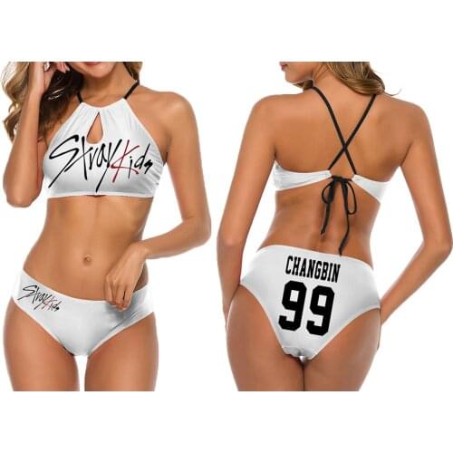 Swimsuits Straykids Kpop Stray Kids Swimwear Women Girl High Neck Backless Sling Top Bikinis Shorts 2-Piece Summer Bathing Suit