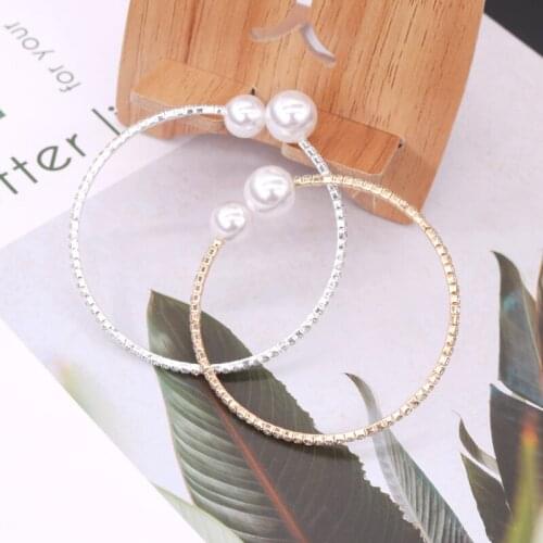 Fashion 2pcs/lot 18cm Prong Setting Rhinestone Gold And Silver Bracelets Double Pearl Crystal Beads Single Layer Circle Bangles