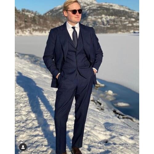 Business Dark Blue Stripe Men Suits 3 Pieces Costum Homme Groom Wedding Terno Masculino Slim Fit Prom Blazer Jacket+Pant+Vest
